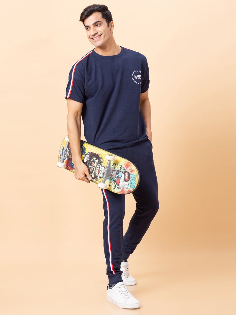 Globus Men Navy Solid Cotton Sports Co-Ords Set with T-shirt and Jogger - Image 1